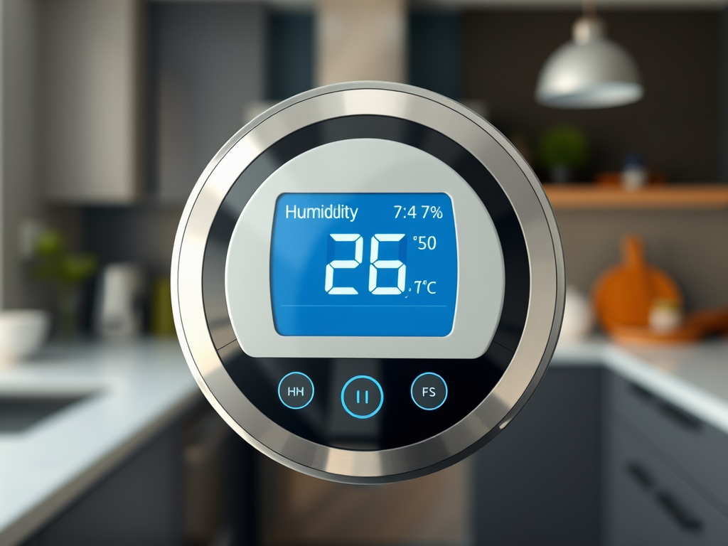 Цифровой термометр показывает влажность 74% и температуру 26,7°C в современной кухне.