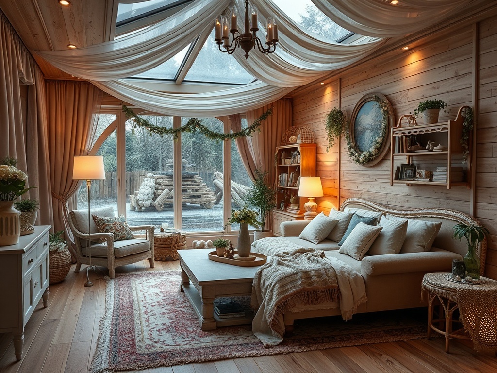 Уютная гостиная с мягким диваном, книжными полками и большим окном, полным света и зелени за ним.