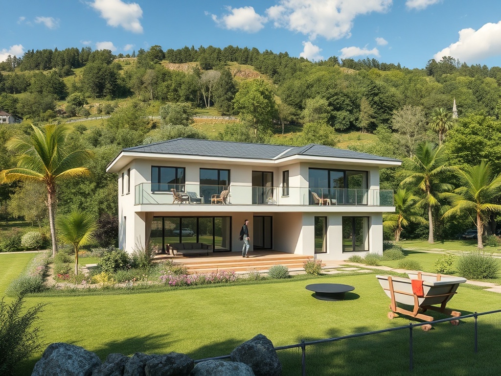Современный дом с балконом на фоне зелени и палм, окруженный ухоженным садом и зоной для отдыха.