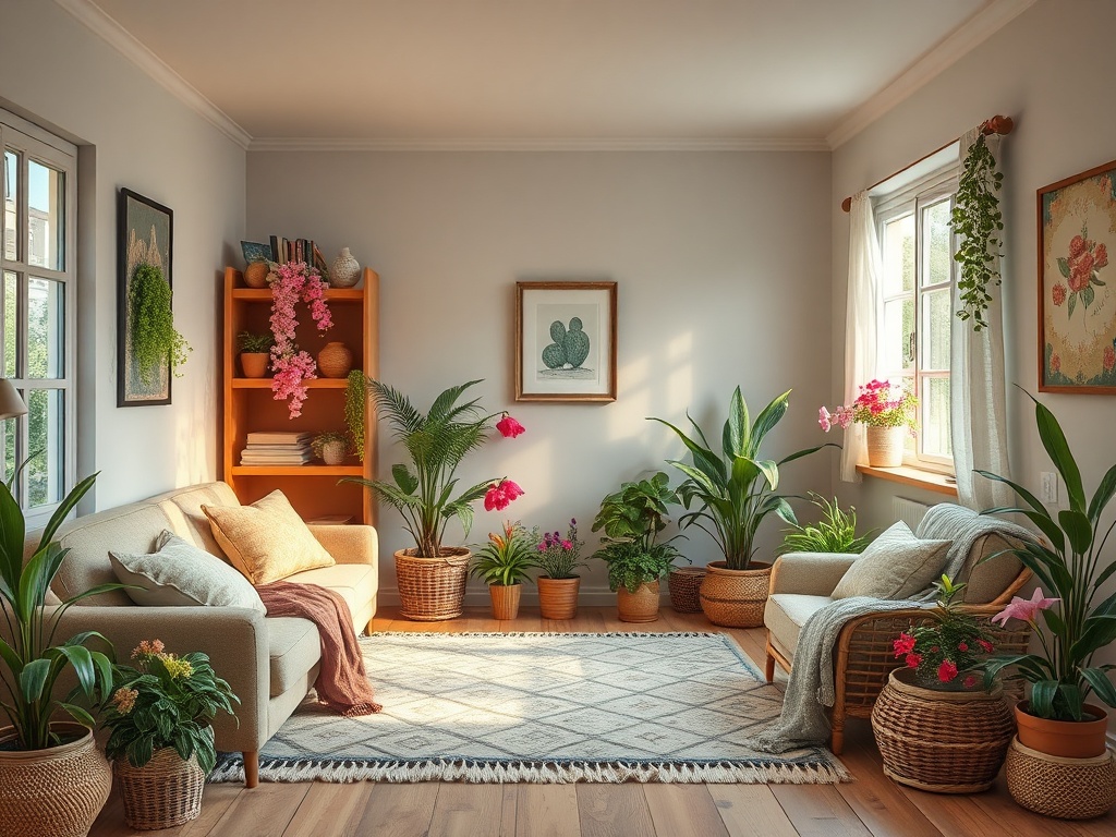 Уютная комната с зелеными растениями, диванами и большими окнами, наполненная солнечным светом.