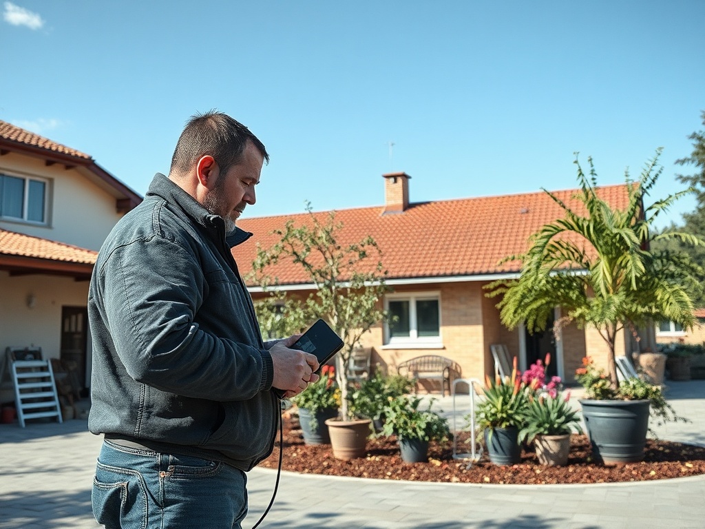 Мужчина с телефоном стоит на улице рядом с домом и цветами в горшках под ясным небом.
