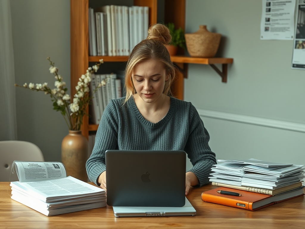 На изображении девушка за ноутбуком среди книг и документов, сосредоточенно работающая.