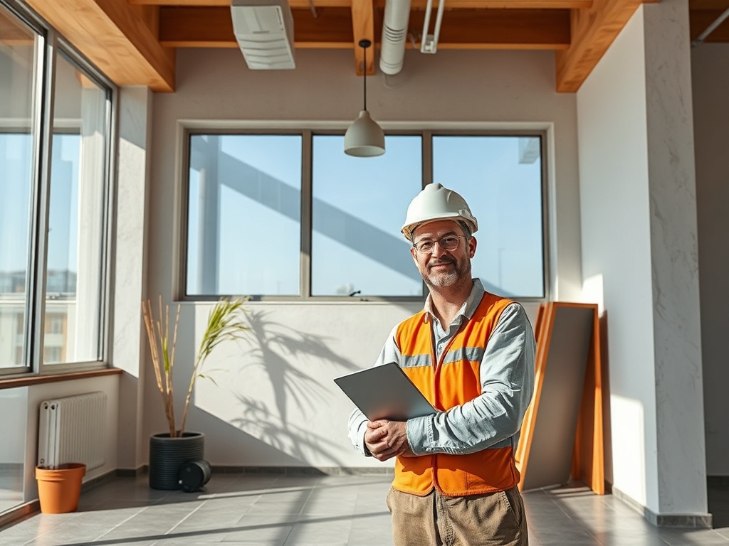 Строитель в каске и жилете стоит с планшетом в пустом помещении с большими окнами и деревом в горшке.