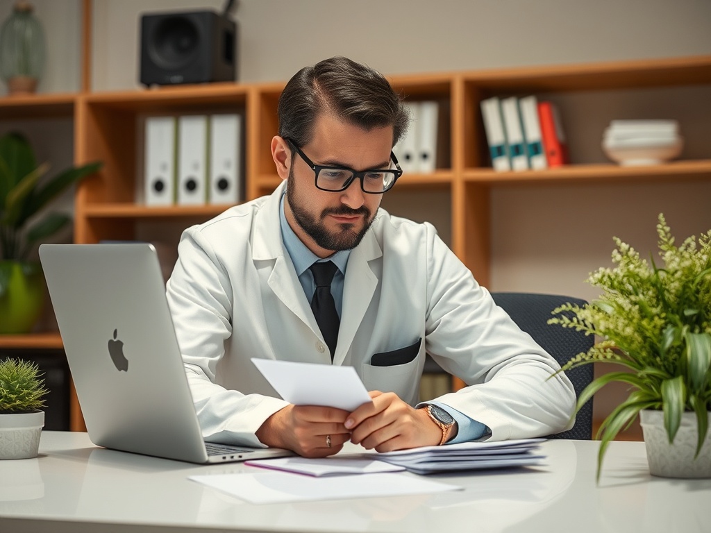 Молодой мужчина в белом халате изучает документы в офисе с компьютером и растением на столе.