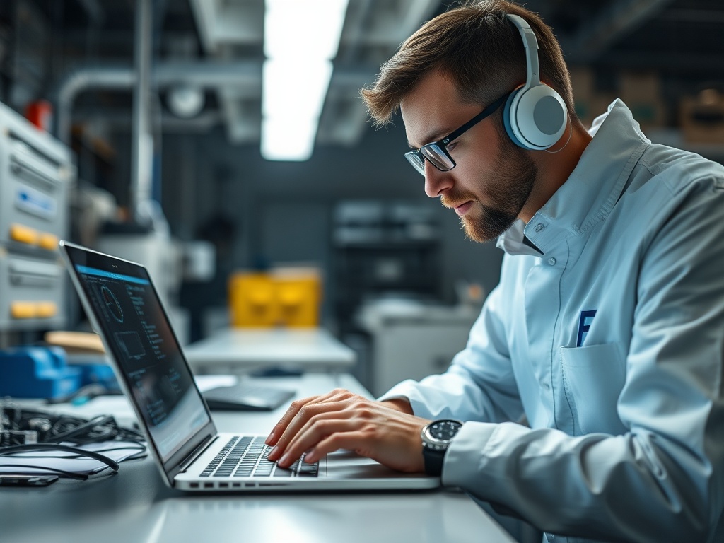 Мужчина в наушниках работает за ноутбуком в лаборатории, окружённый оборудованием и инструментами.