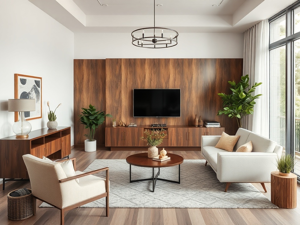 Современная гостиная с деревянными панелями, телевизором, светлой мебелью и зелеными растениями.