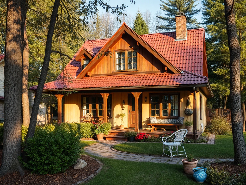 Уютный деревянный дом с красной крышей, окруженный зеленью и цветами в солнечный день.