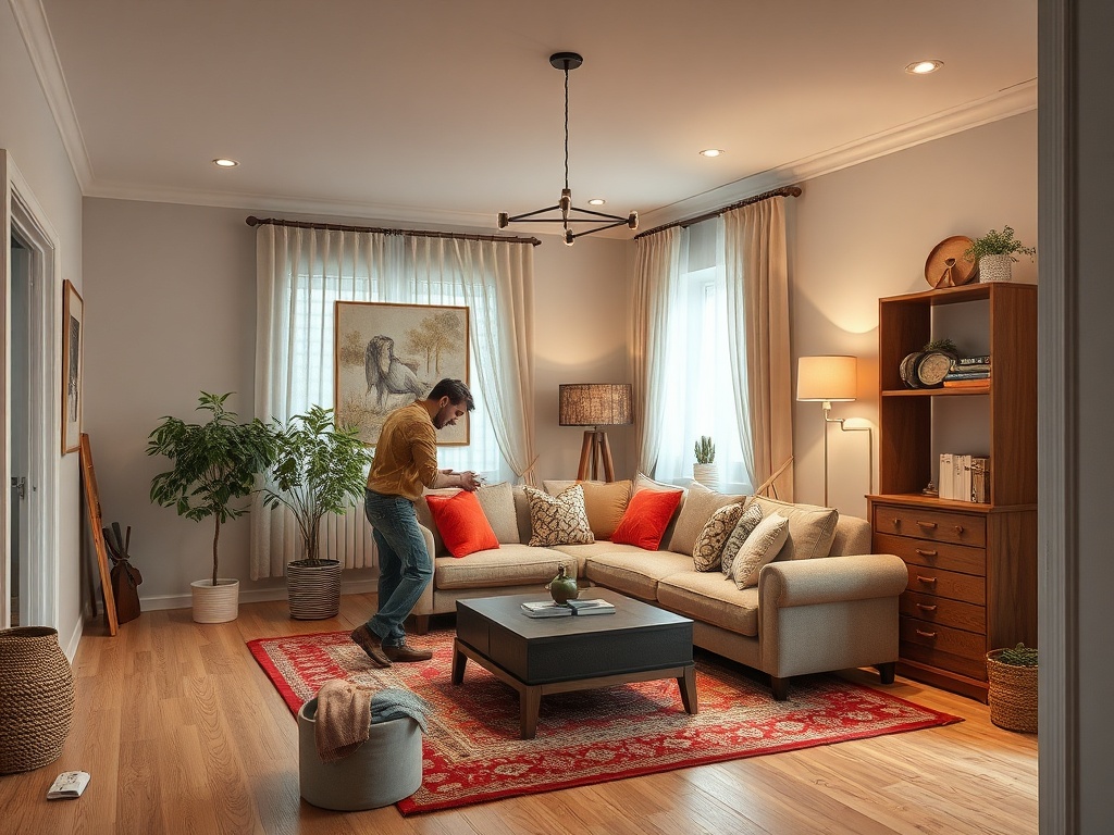 Мужчина стоит в уютной гостиной с диваном, ковром и растениями, обустраивая пространство.