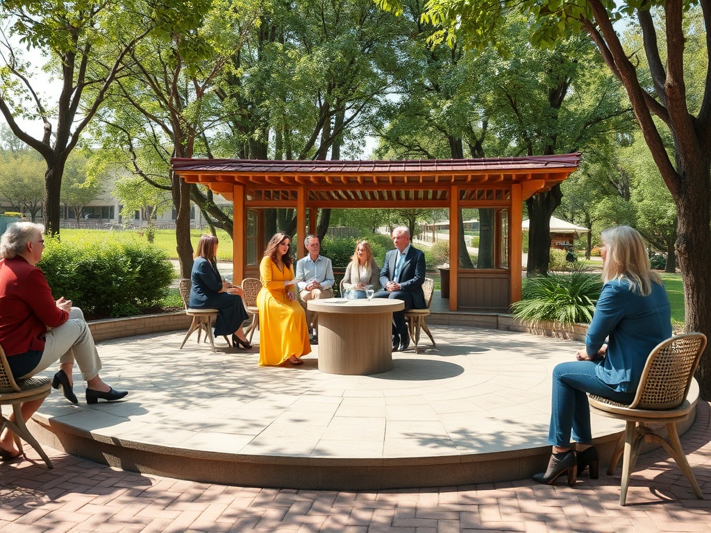 Группа людей обсуждает что-то на открытой террасе в окружении деревьев. Солнечный день, дружеская атмосфера.