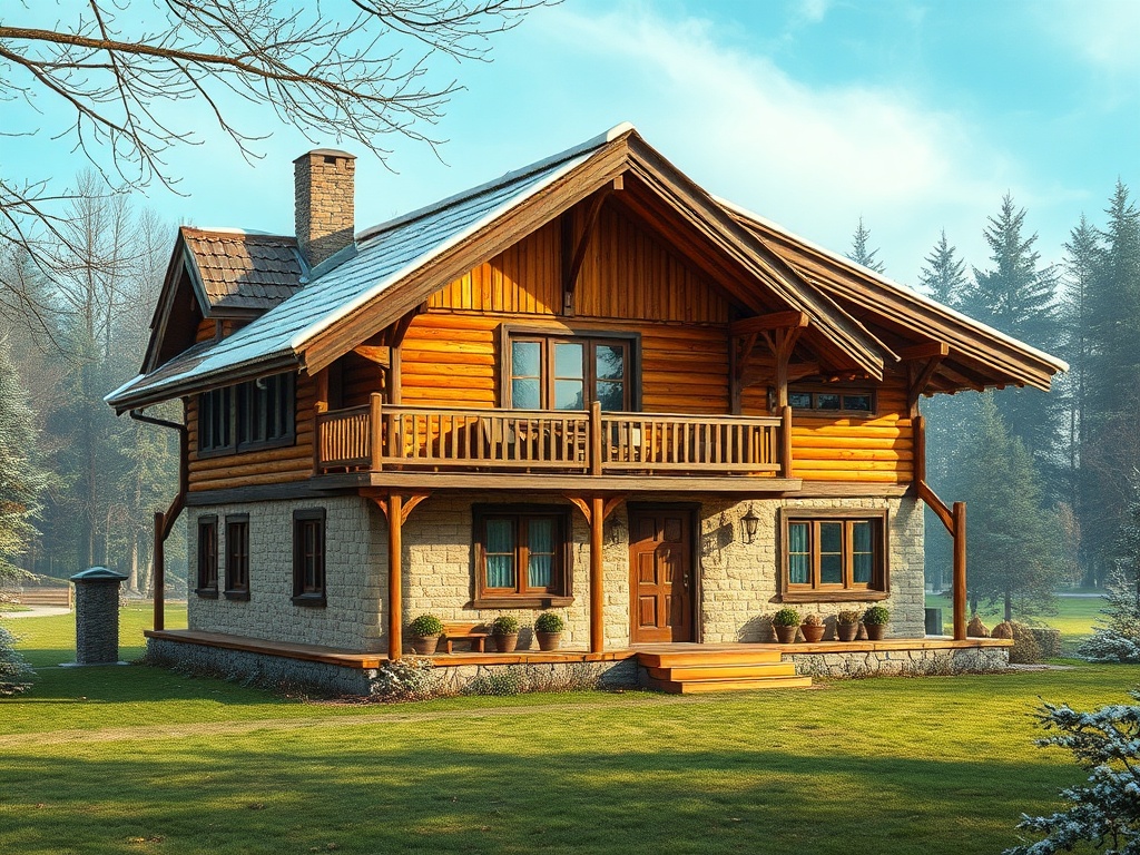 Деревянный дом с балконом и каменной основой, окружённый зелёным газоном и соснами. Солнечный день.