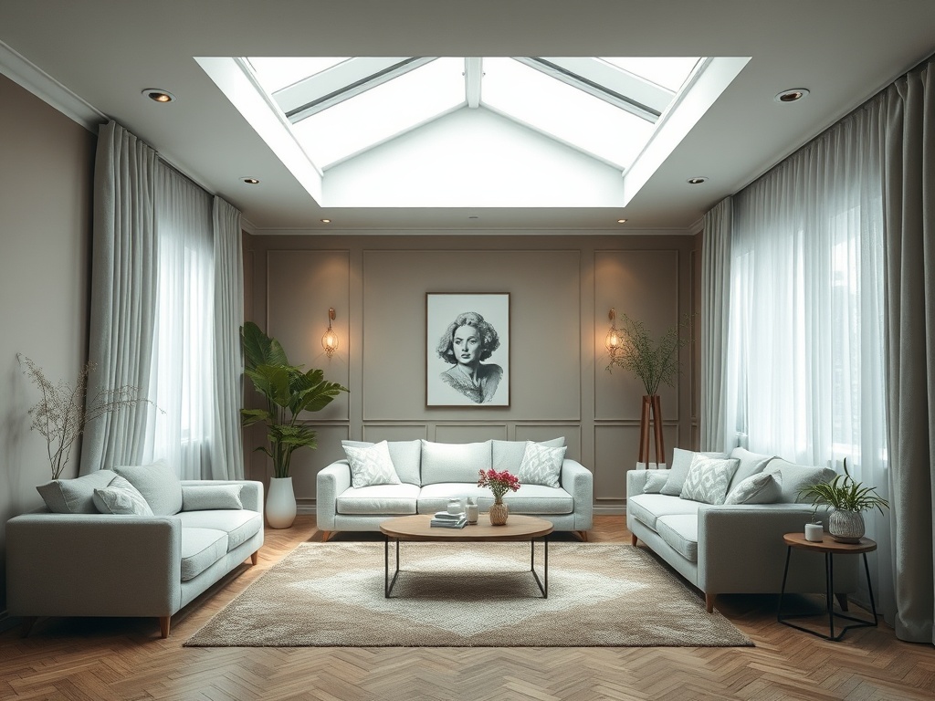 Светлая гостиная с большими окнами, удобными диванами и картиной на стене. Натуральные материалы и уютная атмосфера.