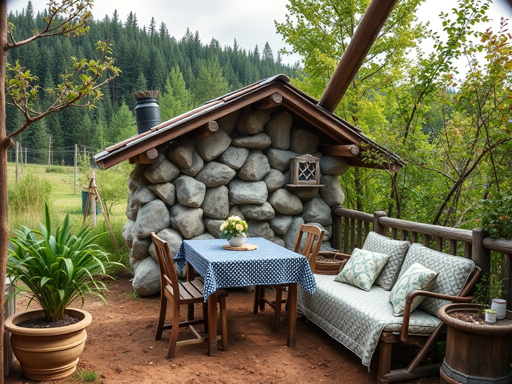 Уютная зона отдыха рядом с каменным домиком, стол с синим скатертью и плетёные кресла на природе.