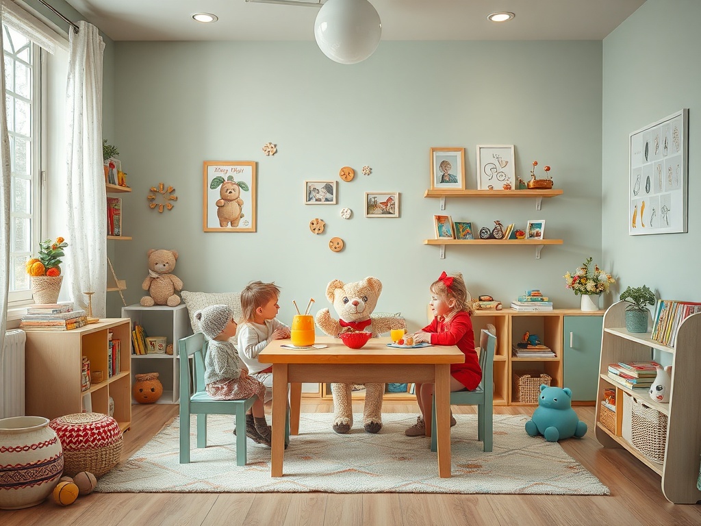 Дети играют в игрушечном домике, у них на столе еда, а рядом сидит плюшевый медведь.