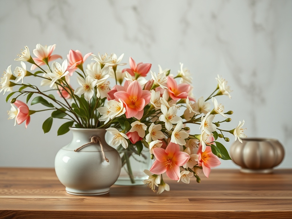 Ваза с цветами: розовые и белые цветы на деревянном столе, фон с легким мраморным узором.