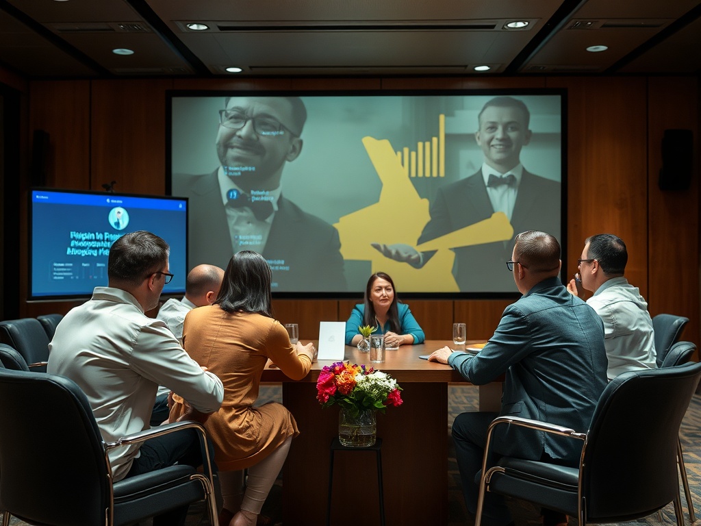 Встреча в конференц-комнате, участники обсуждают проект, на экране – презентация и графики.