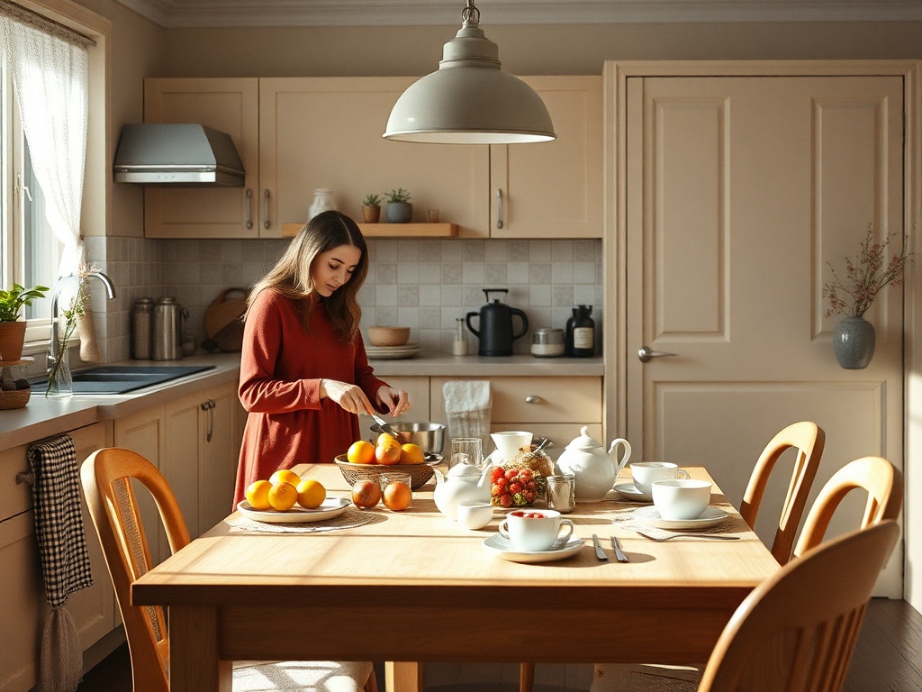 На кухне женщина нарезает фрукты, вокруг уютный интерьер и стол с тарелками и чаем.