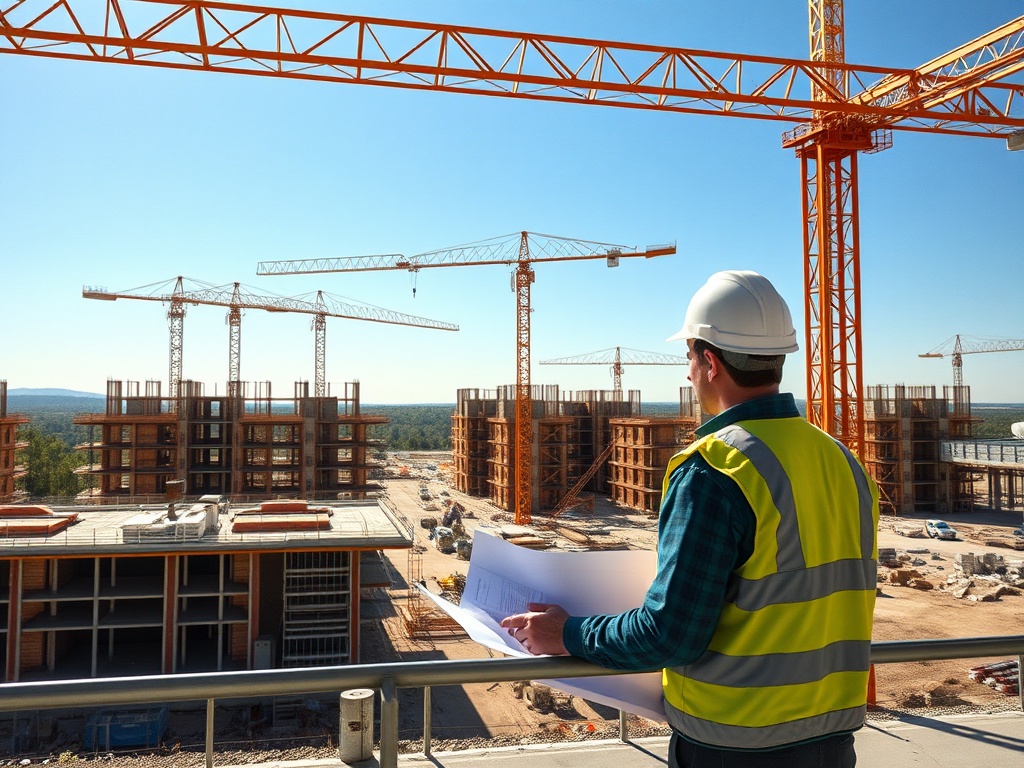 Рабочий на строительной площадке смотрит на чертежи и окружающие здания под ярким солнечным светом.