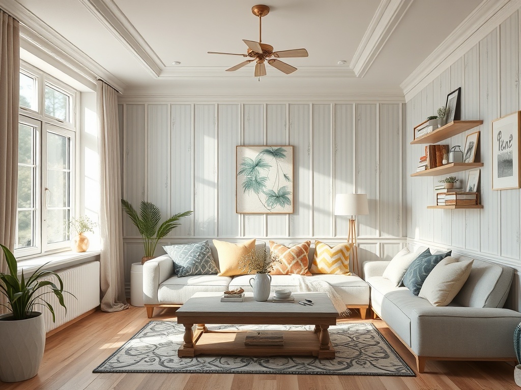 Светлая гостиная с диванами, столом, растениями и картинами на стенах, солнечный свет через окна.