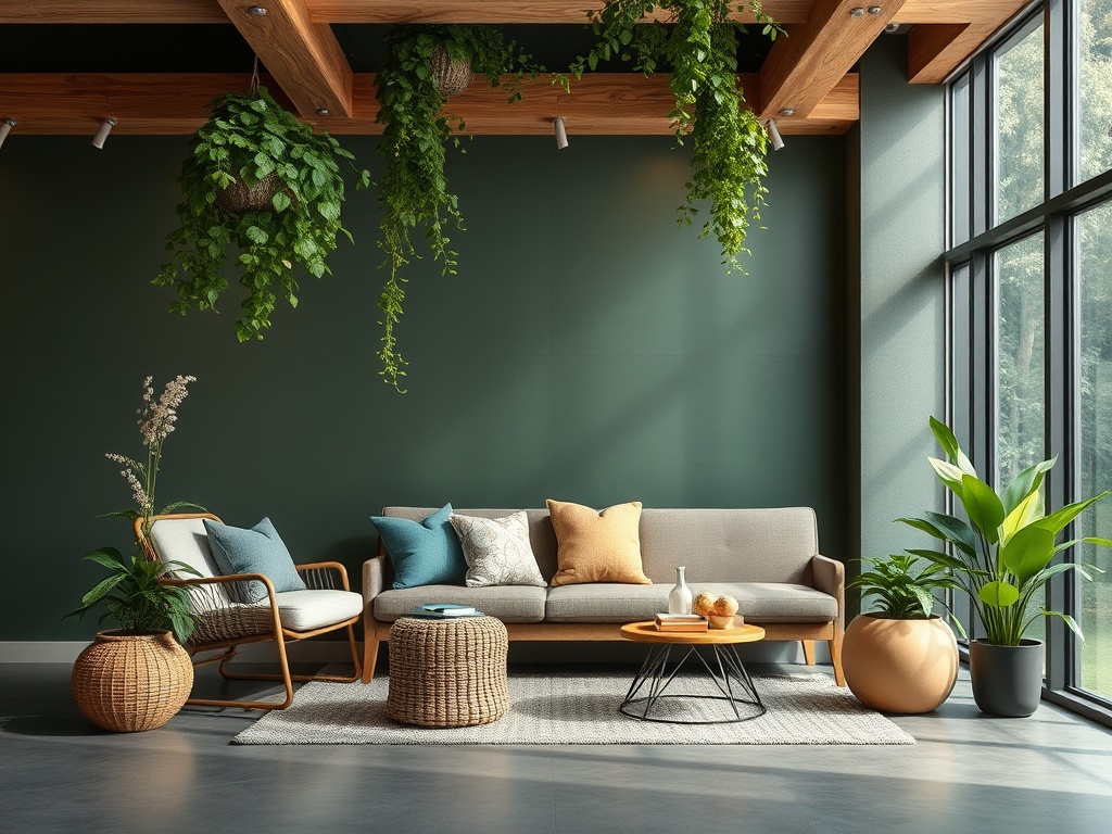 Современный уютный интерьер: серый диван, зеленые растения, деревянные балки и много света от больших окон.