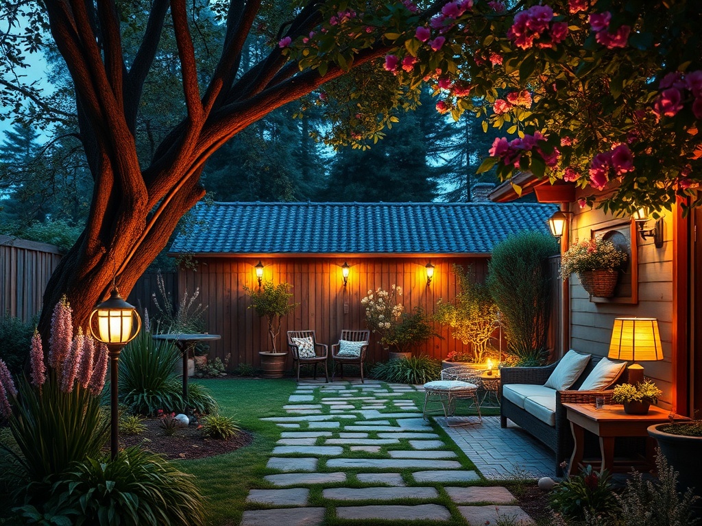 Уютный сад с каменной дорожкой, мягким светом и цветами, создающими атмосферу спокойствия.