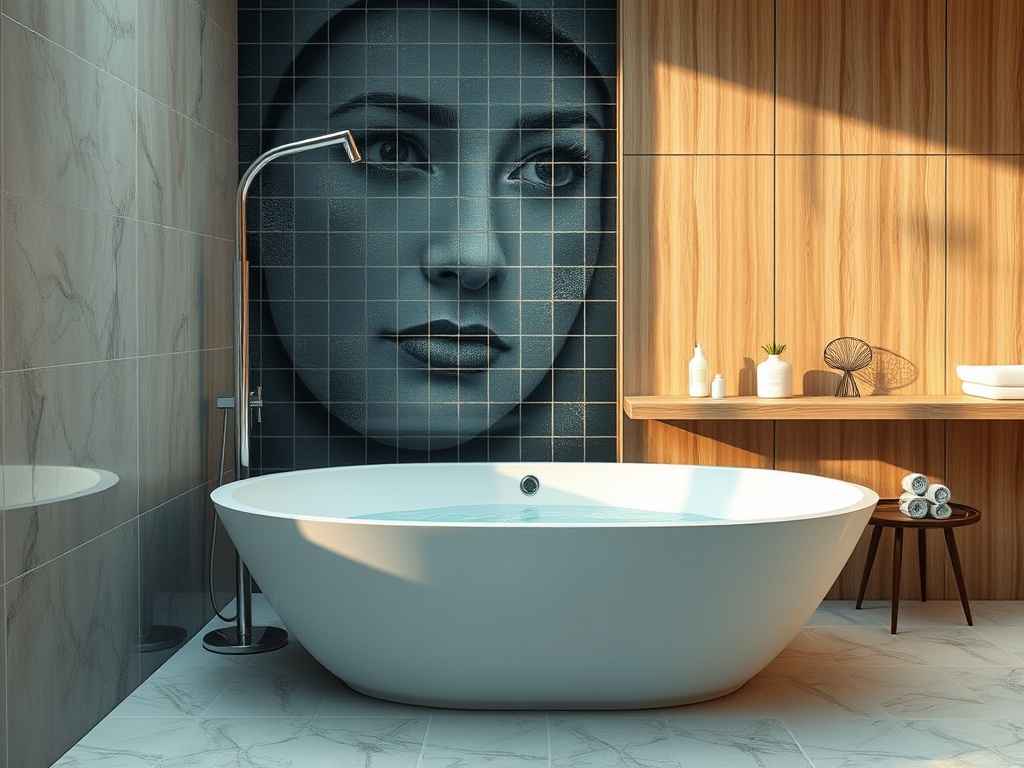 Современная ванная комната с круглой ванной, плиткой на стене и деревянными акцентами. Светлое и уютное пространство.