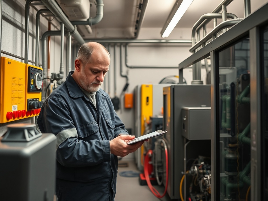 Мужчина в рабочей униформе проверяет данные на планшете в техническом помещении с оборудованием.