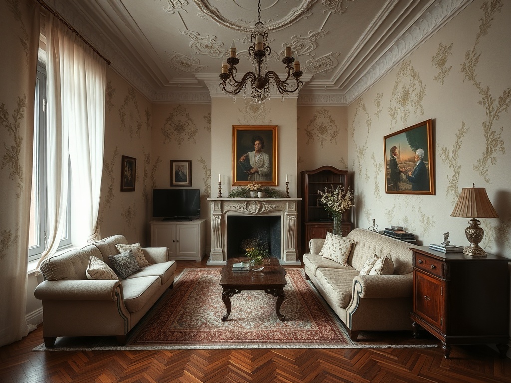 Современная гостиная с классическим интерьером, диванами, картинами и камином. Светлые тона и уютная атмосфера.