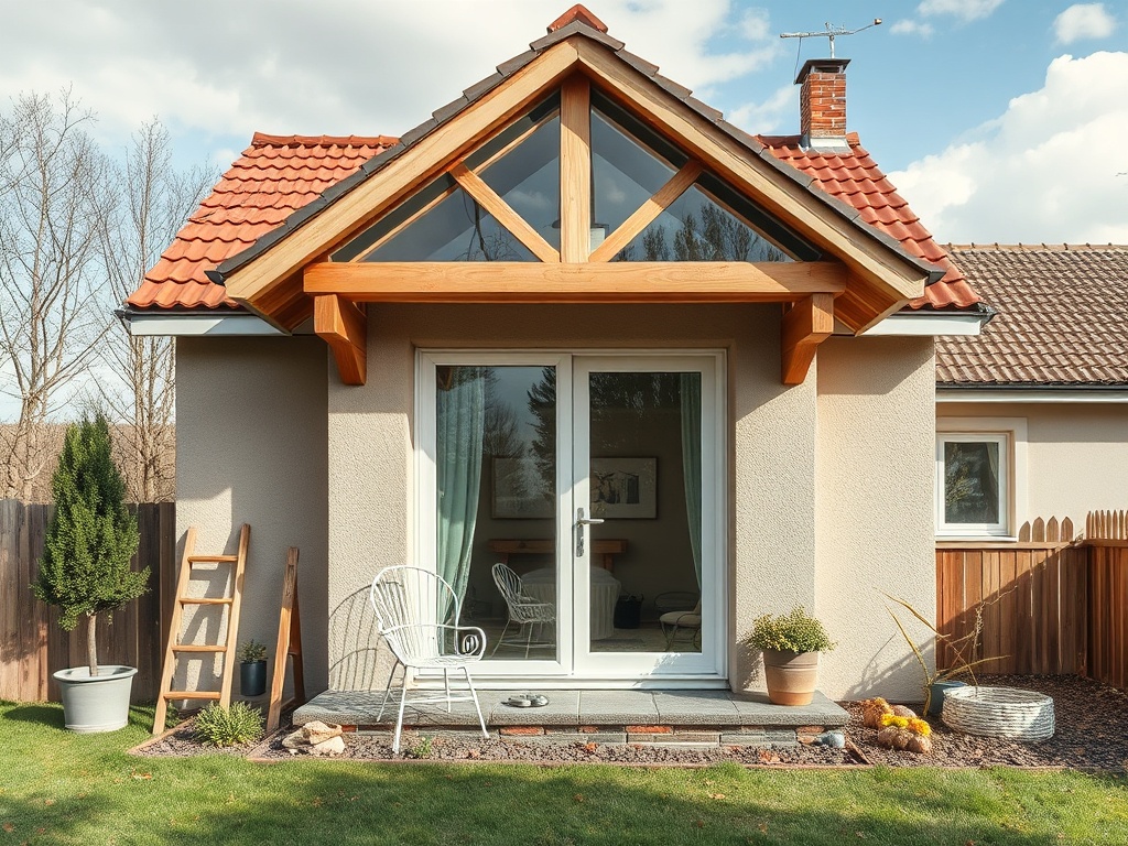 Современный маленький дом с деревянной крышей и стеклянной дверью, окружённый зеленым садом.