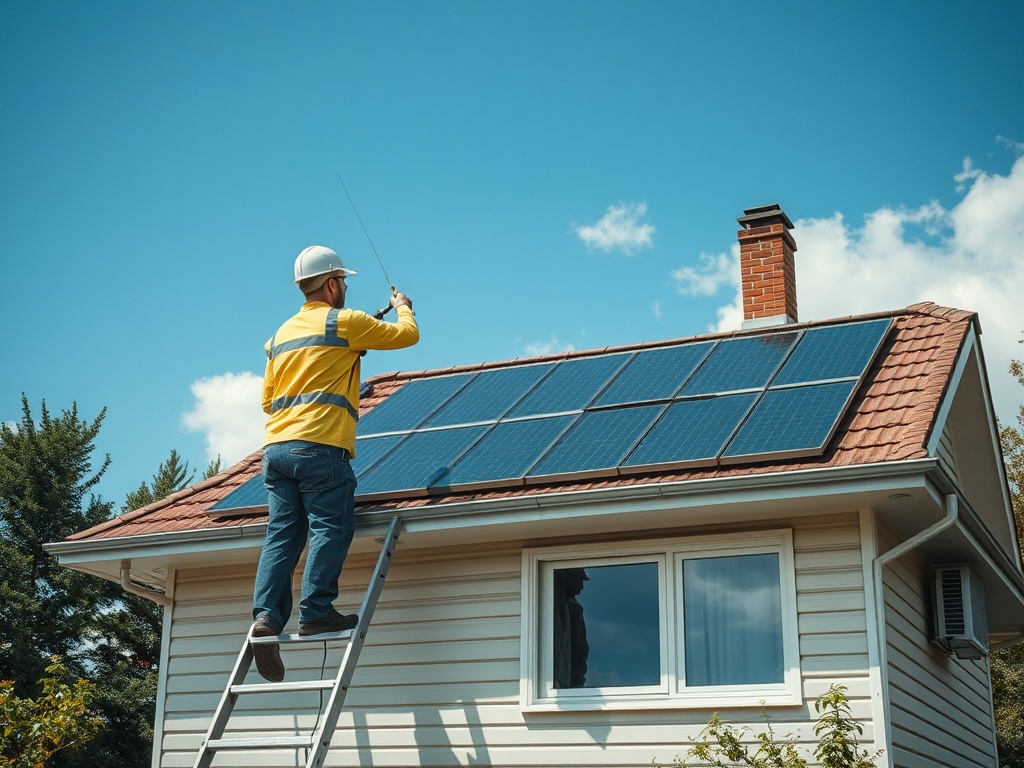 Рабочий в каске устанавливает солнечные панели на крыше дома, используя лестницу в солнечный день.