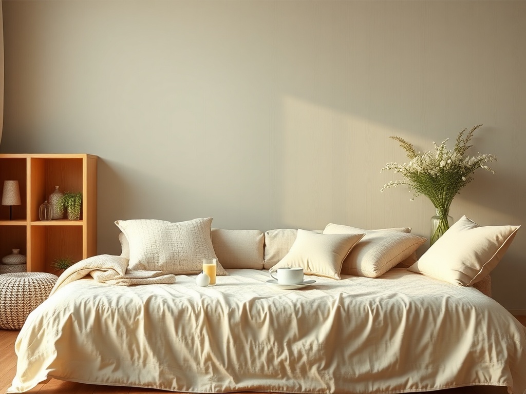 Светлая гостиная с диваном, подушками, столом и вазой с цветами. Тёплое и уютное атмосферное освещение.