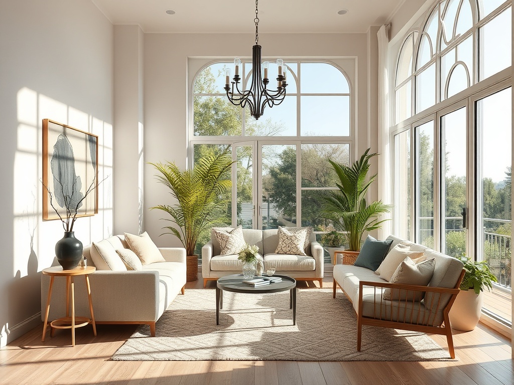 Светлая гостиная с большими окнами, растениями и стильной мебелью, уютно обставленная и оформленная.