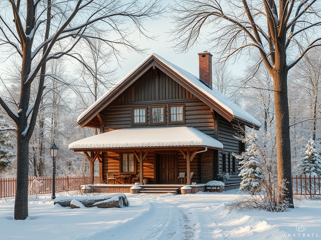 Деревянный дом в зимнем переулке, окруженный снежными деревьями и фонарями. Спокойная зимняя атмосфера.