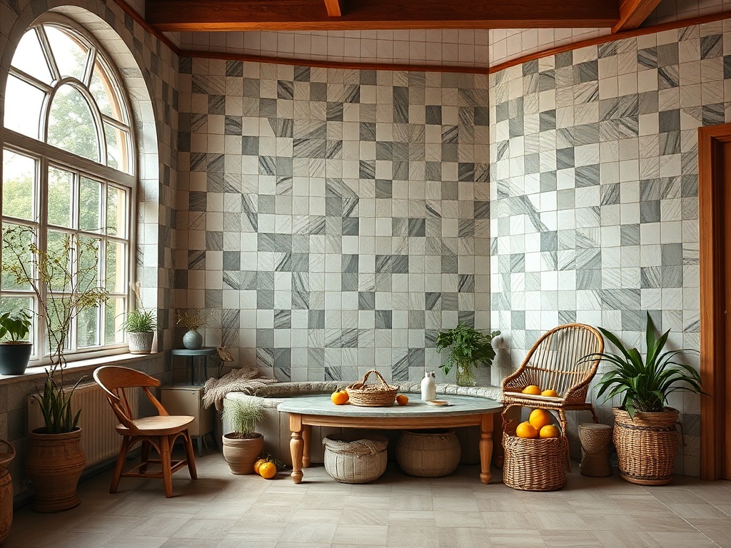 Светлая комната с мраморными стенами, растениями и уютной мебелью, наполненная фруктами.