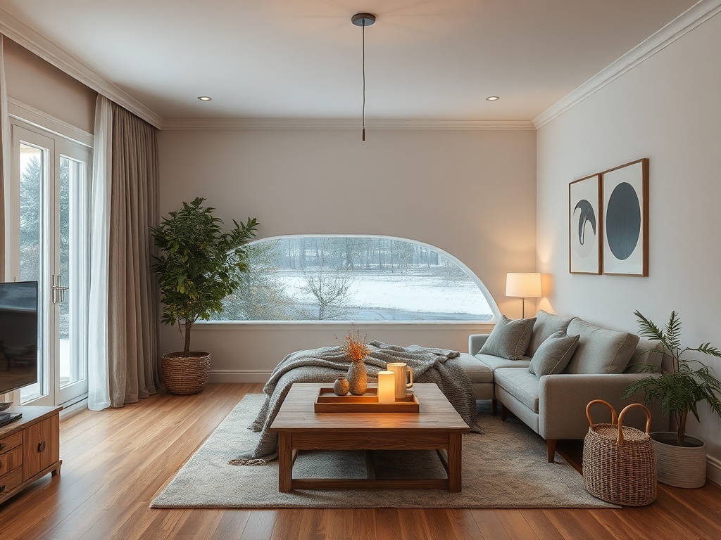 Светлая уютная гостиная с большим окном и видом на зимний пейзаж, мягкой мебелью и декором.