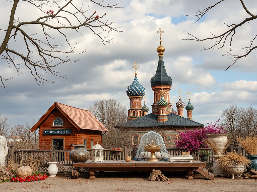 На изображении деревянный дом и церковь с куполами на фоне облачного неба. Цветы и декор вокруг.