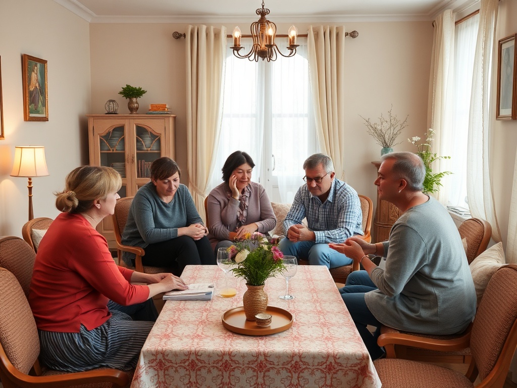 Группа людей сидит за столом в уютной комнате, беседуя и наслаждаясь общением.