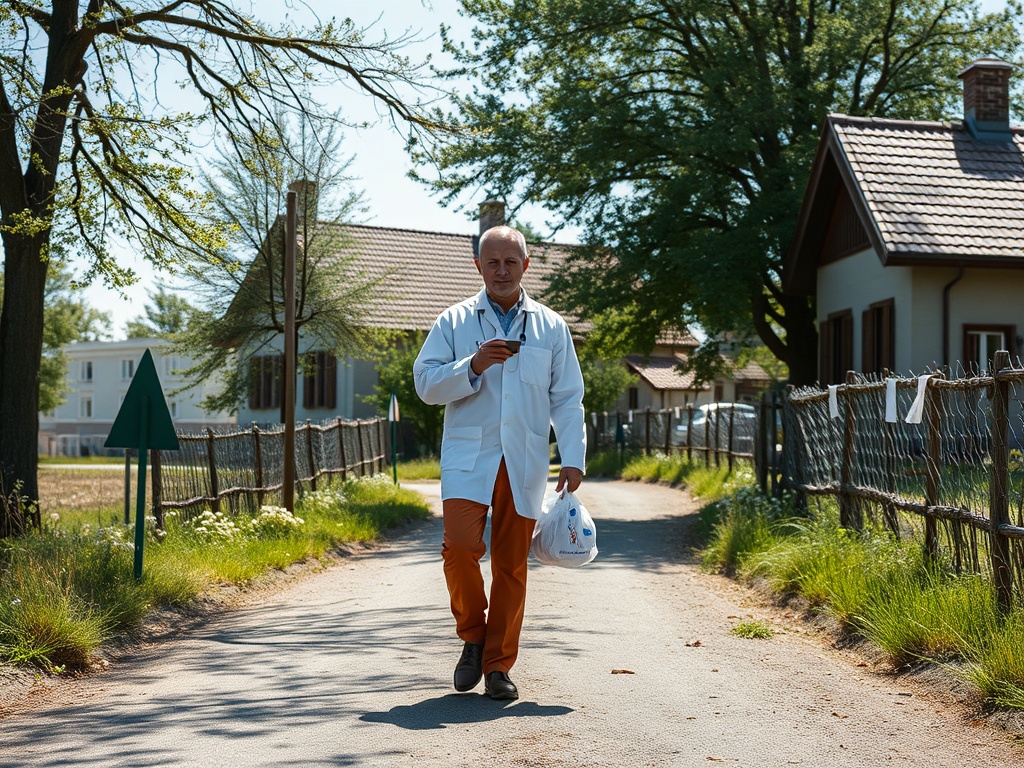 Доктор в белом халате идёт по улице с пакетом, окружённым зелёными деревьями и домами.